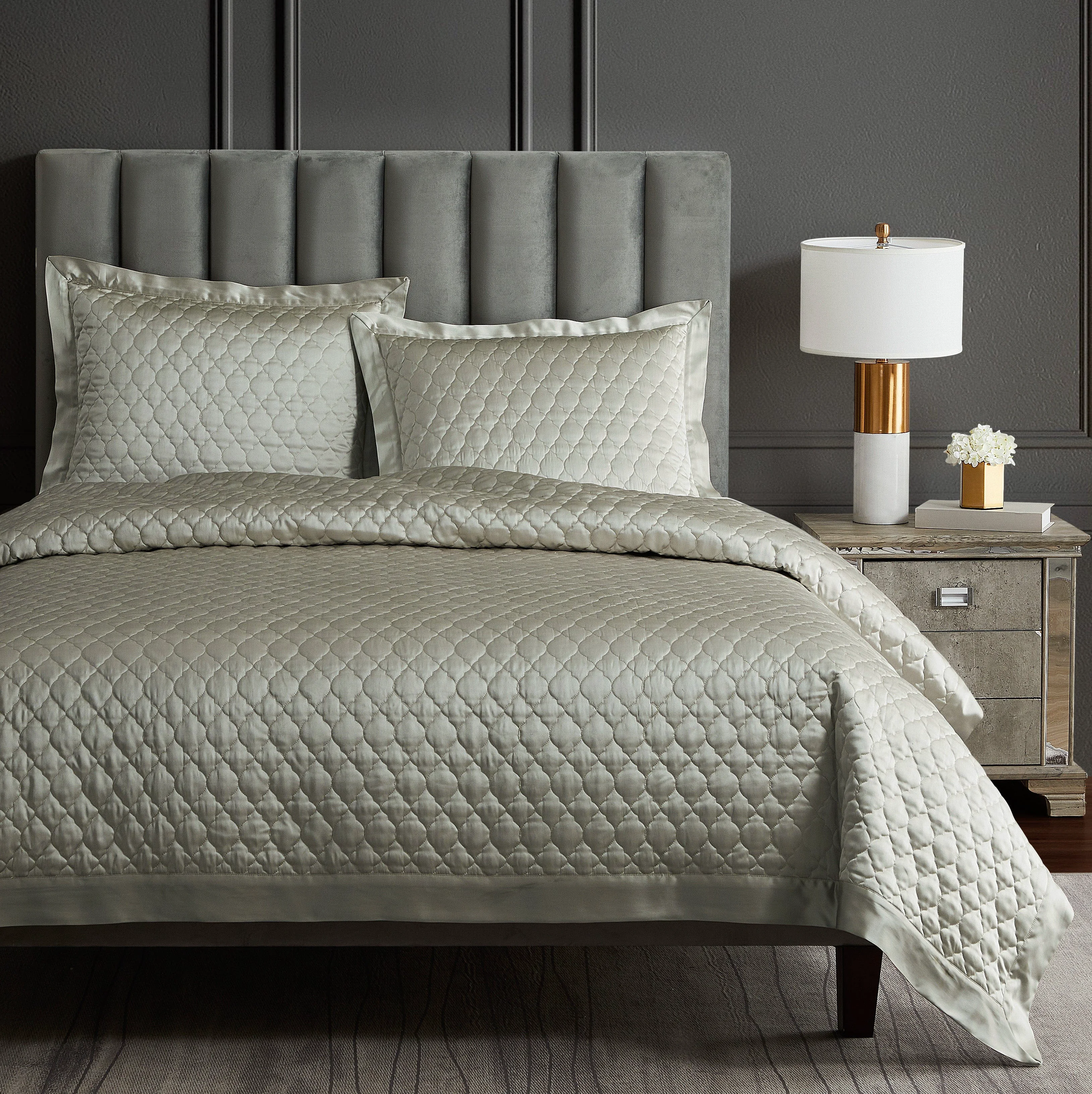 Certified High Shine Satin Quatrefoil Quilt Set 3 Pc Artisan