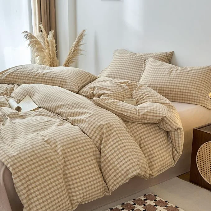 Expertly Made EAVD Vintage Style Brown amp Beige Plaid Duvet Cover Full Soft Washed Cotton Chic Checkered Gingham Bedding Set with 2 Pillowcases Farmhouse Brown Gingham Duvet Cover with Zipper Closure Fast