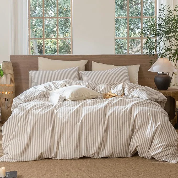 Professional MooMee Striped Duvet Cover Set Washed Cotton Linen Like Textured Breathable Durable Soft Comfy Tannish Linen Grey White Classic Stripes Cal King 104 quot x98 quot Versatile