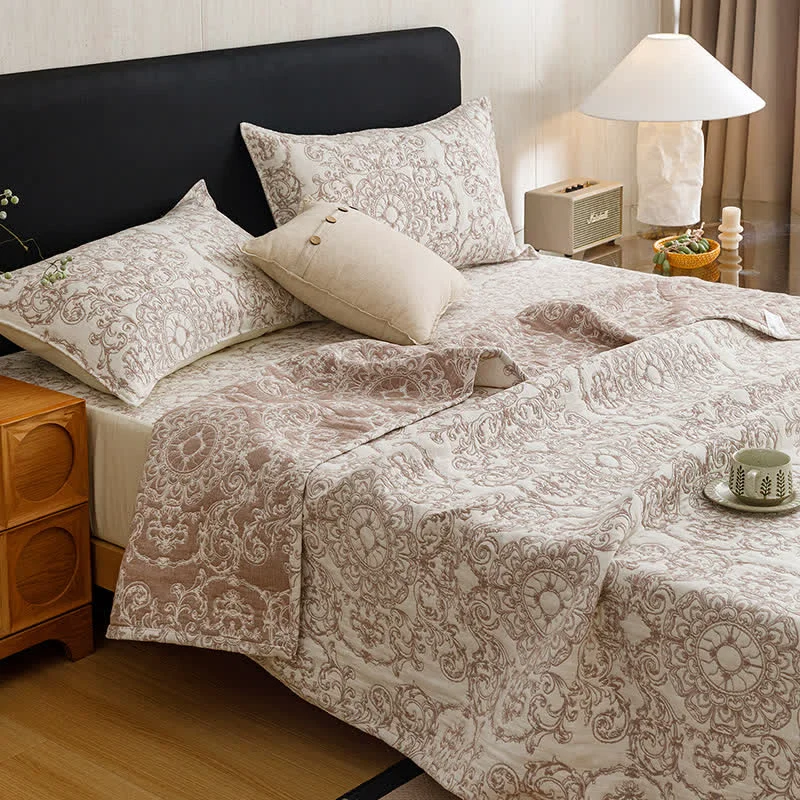 Enhanced Ownkoti Retro Cotton Triple-Layer Gauze Jacquard Quilt Blanket Trusted