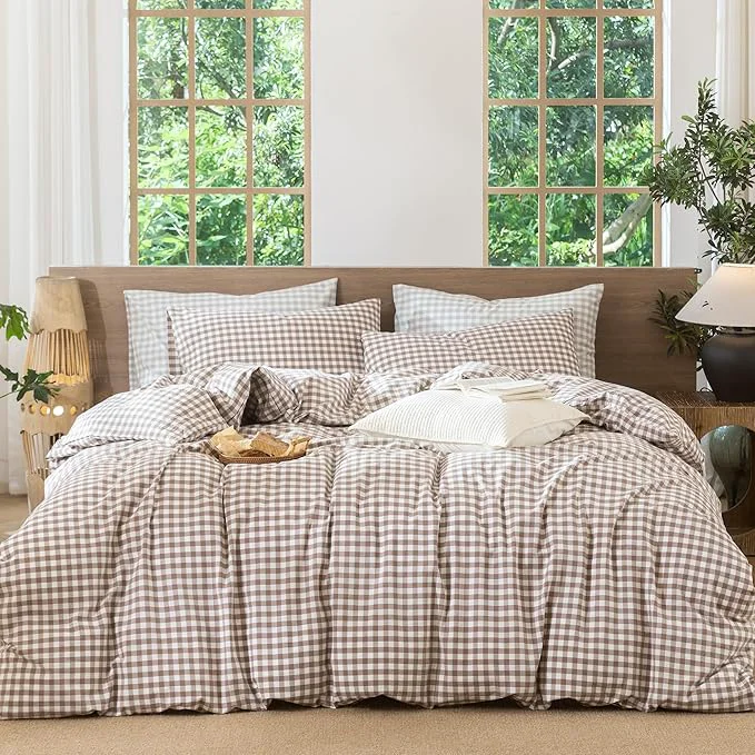 Lightweight MooMee Gingham Duvet Cover Set Washed Cotton Linen Like Textured Breathable Durable Soft Comfy Modern Checkered Design Brown Gingham Oversized Queen 98 quot x98 quot Unique