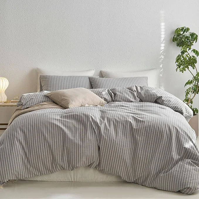 Recyclable MooMee Striped Duvet Cover Set Washed Cotton Linen Like Textured Breathable Durable Soft Comfy Light Grey White Wide Stripes Full 80 quot x90 quot Next-Generation