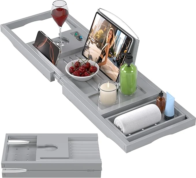 Consistent Foldable Bathtub Caddy Tray for Tub Bamboo Expandable Bath Table Trays Contemporary