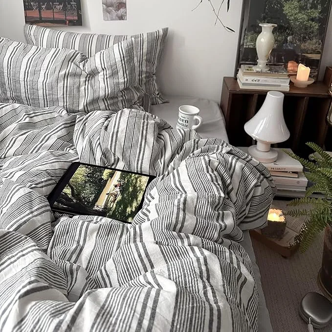 Recyclable mixinni Vintage Grey amp White Striped Comforter Set Full Size - Soft Washed Cotton 3-Piece Neutral Bedding Set Retro Geometric Pattern All-Season Breathable amp Fluffy for Men Boys Stylish