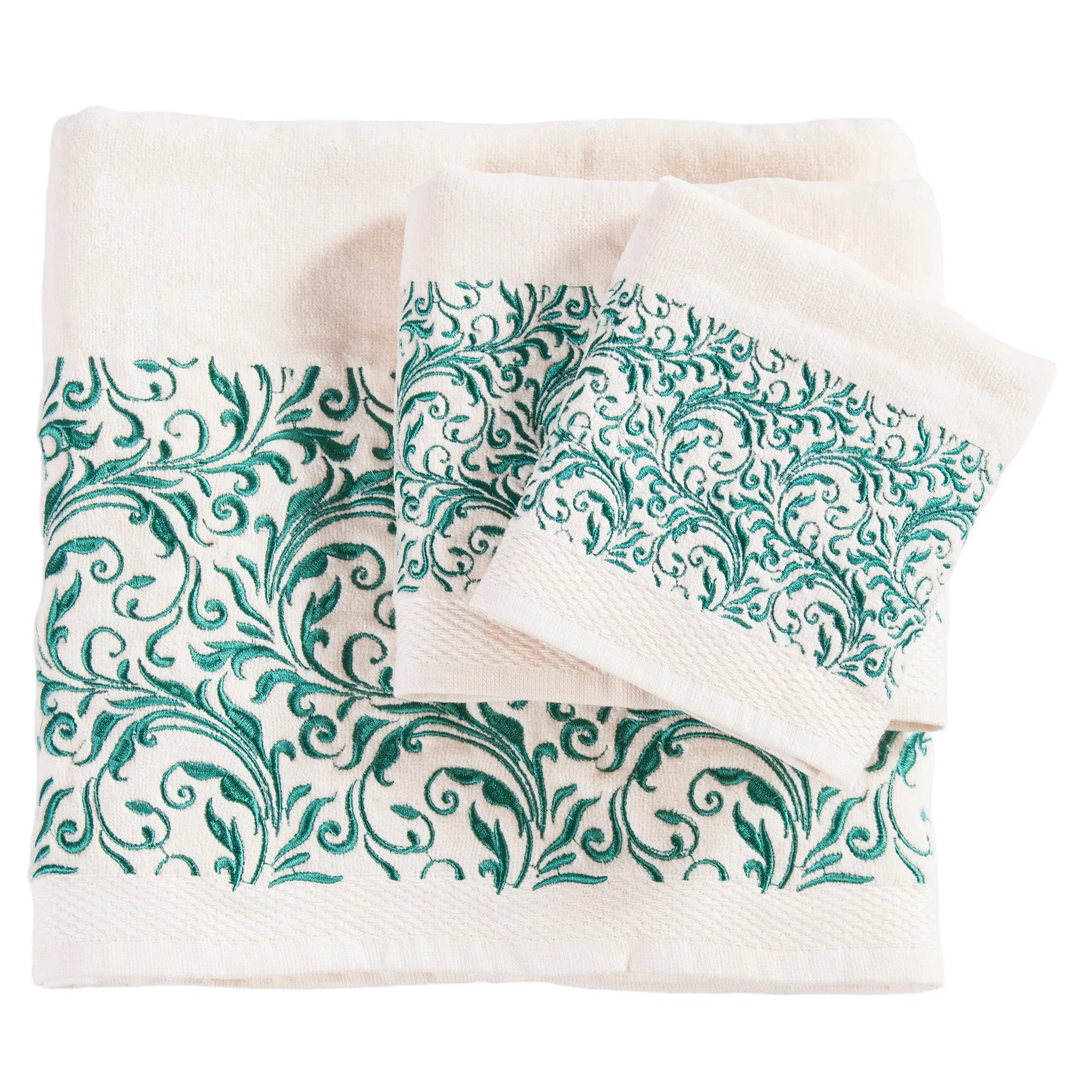 Certified Wyatt Embroidered Turquoise Scroll Pattern Towel Set Minimalist