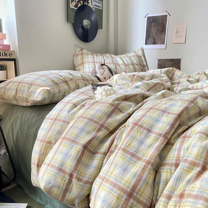 User-Friendly EAVD Vintage Style Buffalo Plaid Duvet Cover Queen Size 3 Pieces Grid Plaid Bedding Set Soft Washed Cotton Aesthetic Gingham Duvet Cover with 2 Pillowcases Colorful Grid Checkered Bedding Set Versatile