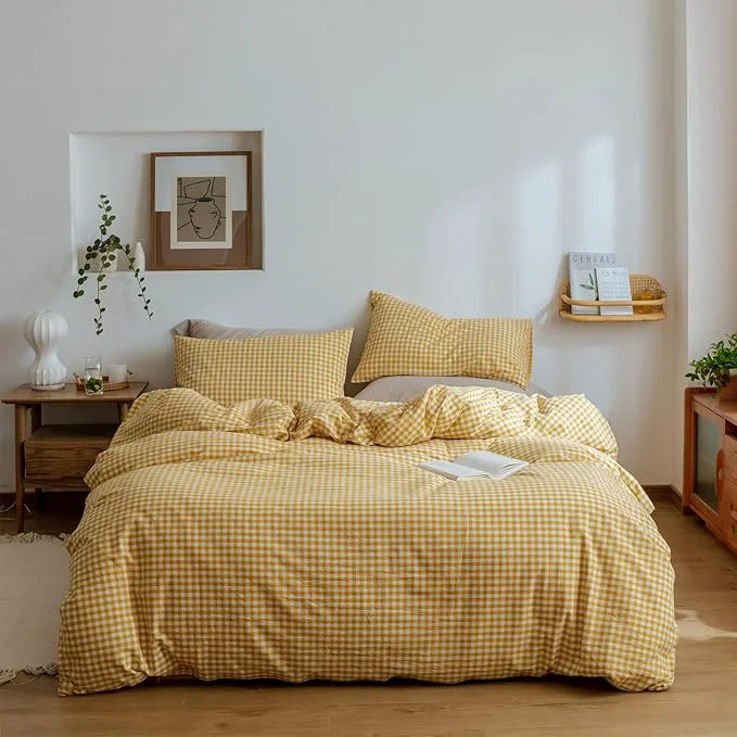 Fine Crafted mixinni Yellow Gingham Comforter Set King Plaid Comforter Set 3 Pieces 1 Yellow Grid Comfoter with 2 Pillow Cases for All Seasons Soft Fluffy Modern Grid Pattern Printed Bedding-King Size Premium Material