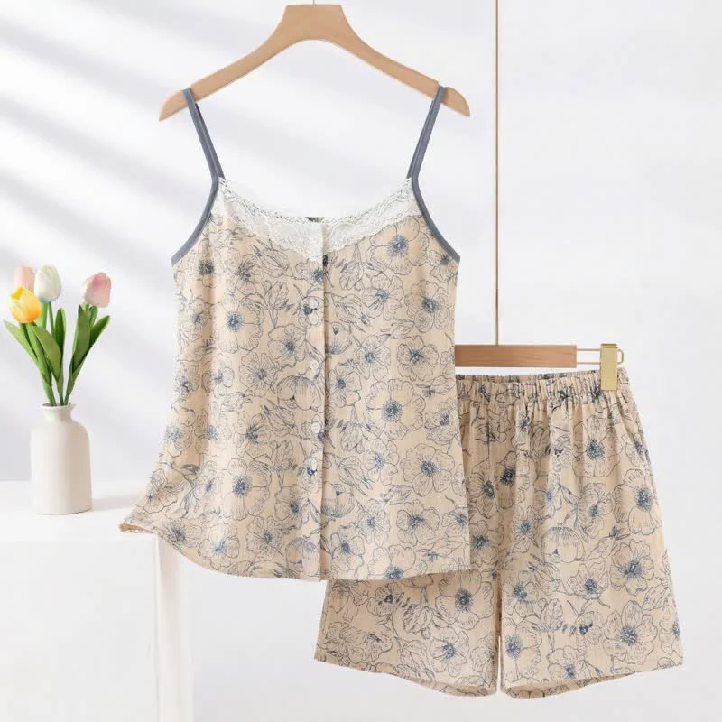 High-End Ownkoti Artistic Line Floral Sleeveless Pajama Set Reusable