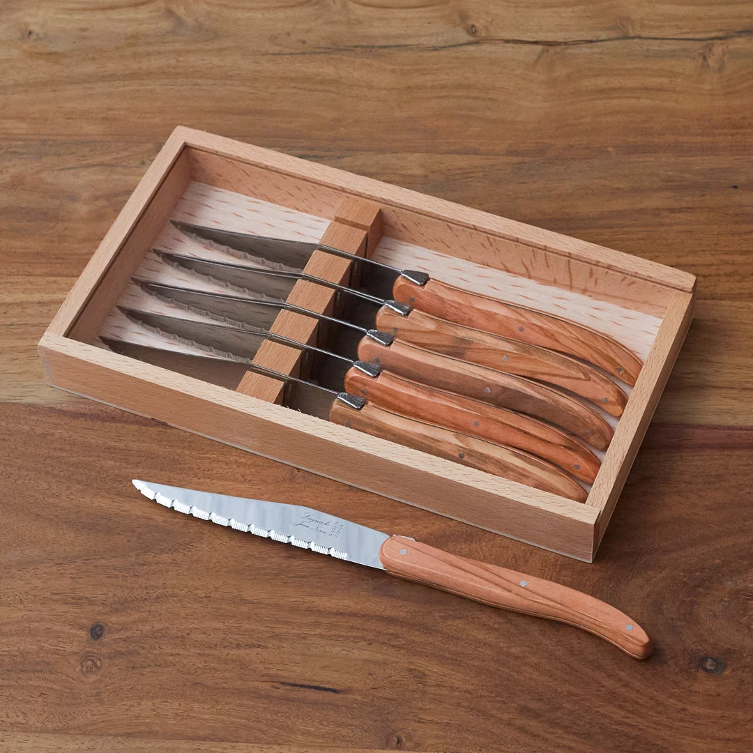 Efficient Laguiole 6 Piece Steak Knife Set Olivewood in Wood Box with Acrylic Lid Easy-to-Use