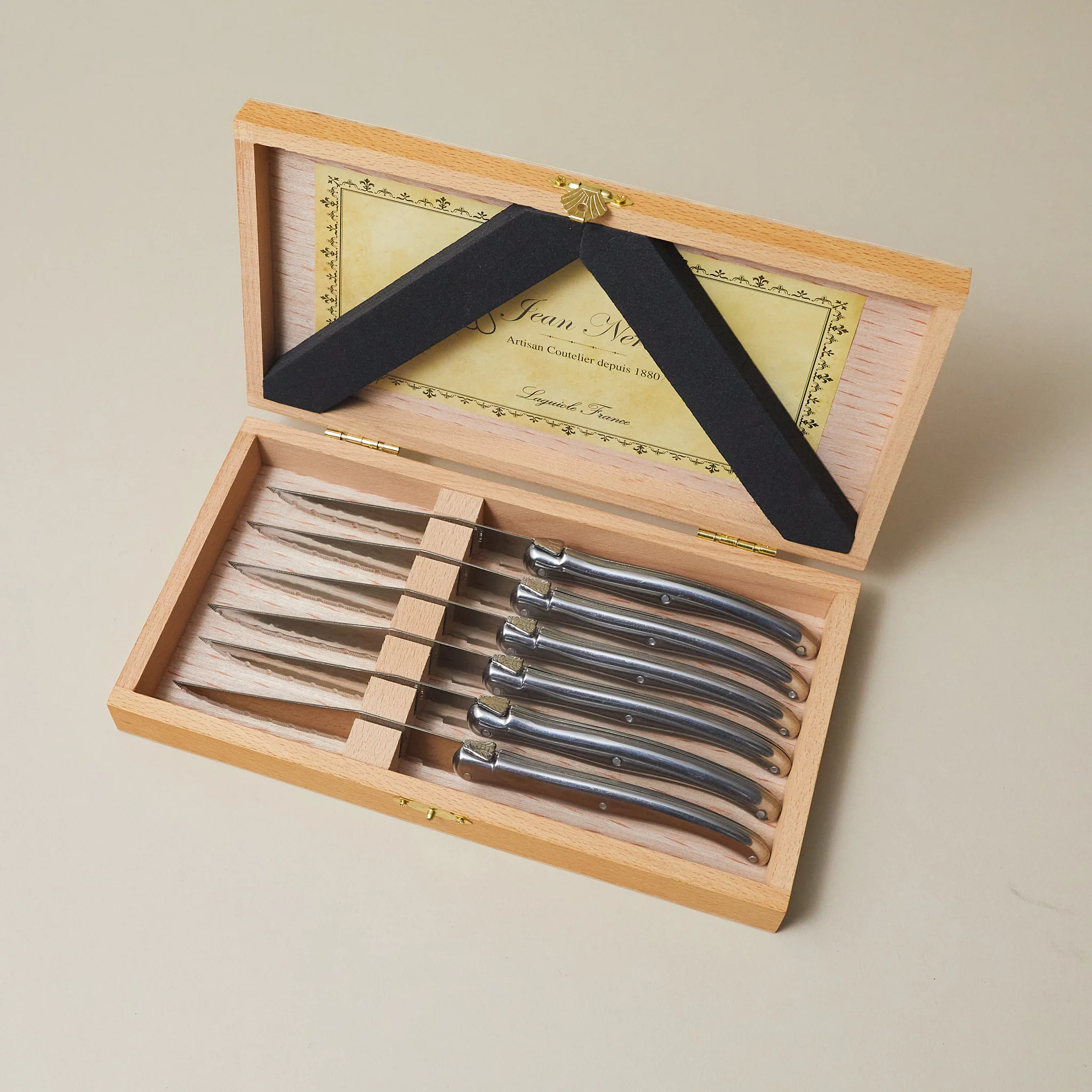 Elegant Laguiole 6 Piece Steak Knife Set Stainless Steel in Wood Presentation Box Powerful