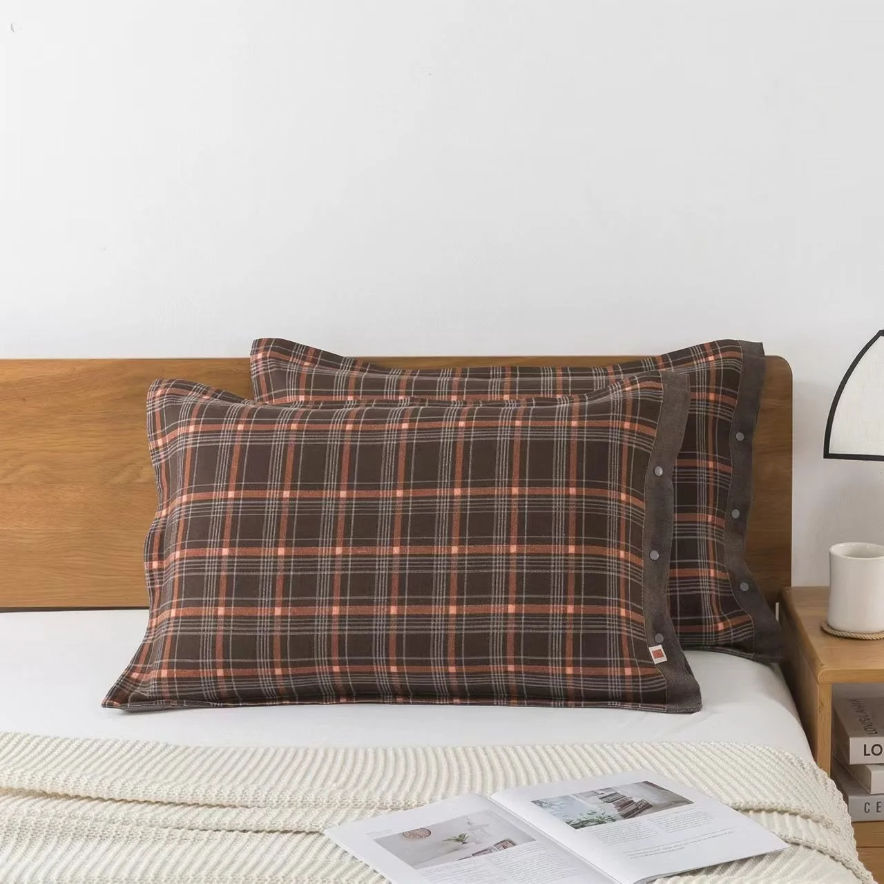 Comfortable Ownkoti Classic Plaid Button Pure Cotton Pillowcases 2PCS Premium Material