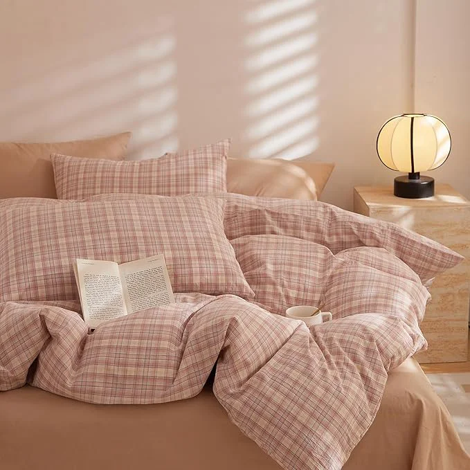 Breathable EAVD Pink Gingham Duvet Cover Full Soft Washed Cotton Reversible Grid Plaid Bedding Set with 2 Pillowcases Modern Checkered Grid Duvet Cover with Zipper Farmhouse Gingham Bedding Set for All-Season Expertly Made