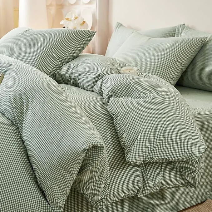 Relaxed EAVD Sage Green Gingham Duvet Cover King Soft Washed Cotton Modern Green and White Plaid Duvet Cover with 2 Pillowcases Reversible Checkered Plaid Bedding Set with Zipper Closure Next-Generation