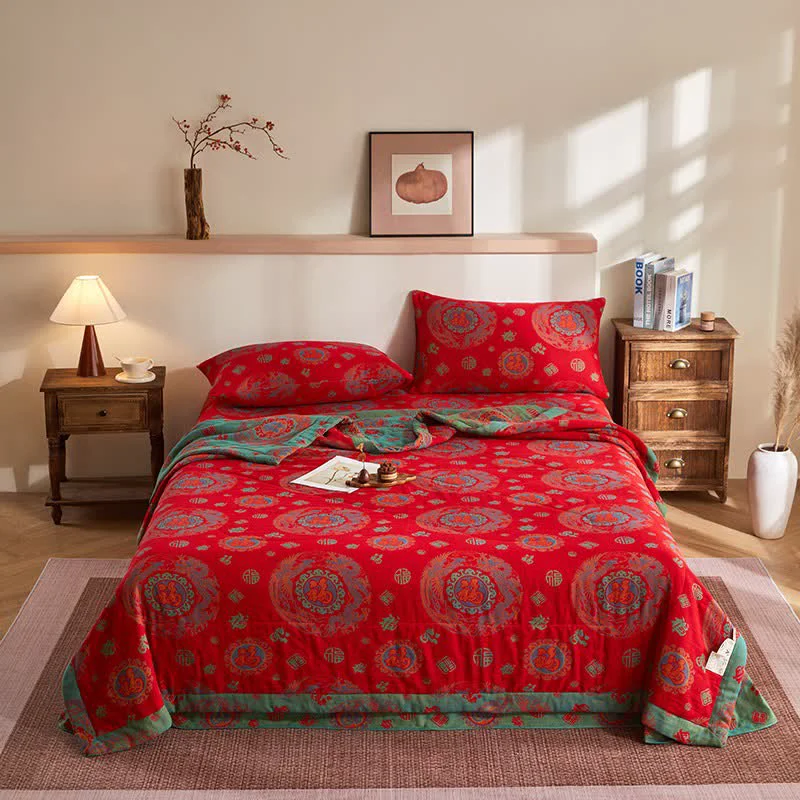 Eco-Friendly Ownkoti Cotton Gauze Retro Auspicious Jacquard Quilt Detailed