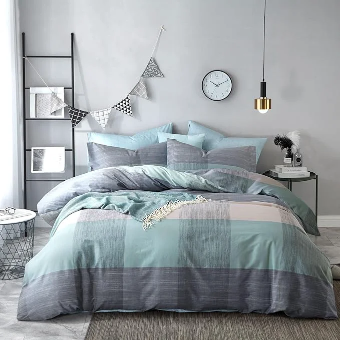 Premium Material mixinni Simple Patchwork Print Comforter Set Queen Size Bed Fluffy Blue Mint Green Geometric Pattern Comforter for Boys Women and Men 1 Modern Comforter and 2 Pillowcases for All Season-Queen Size High-End