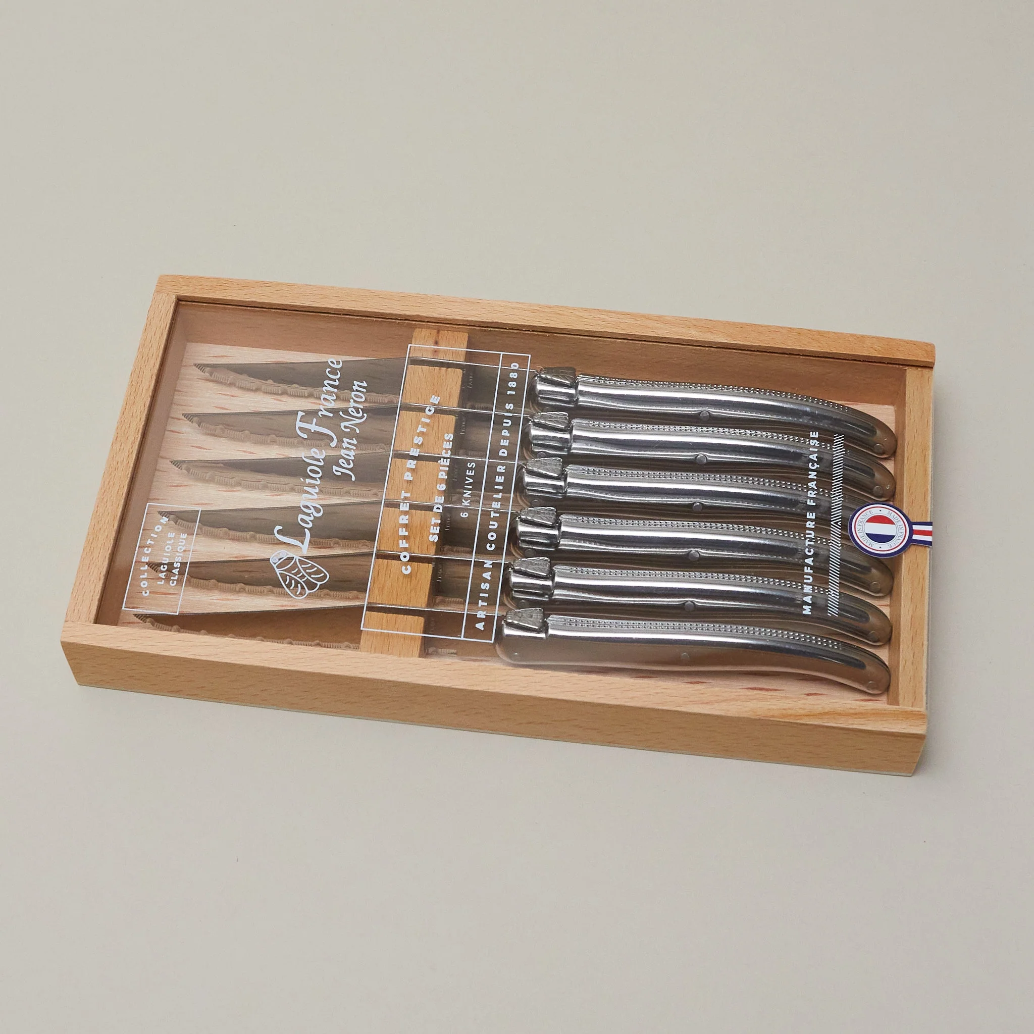 Innovative Laguiole 6 Piece Steak Knife Set Platine Stainless Steel in Wood Box with Acrylic Lid Long-Lasting