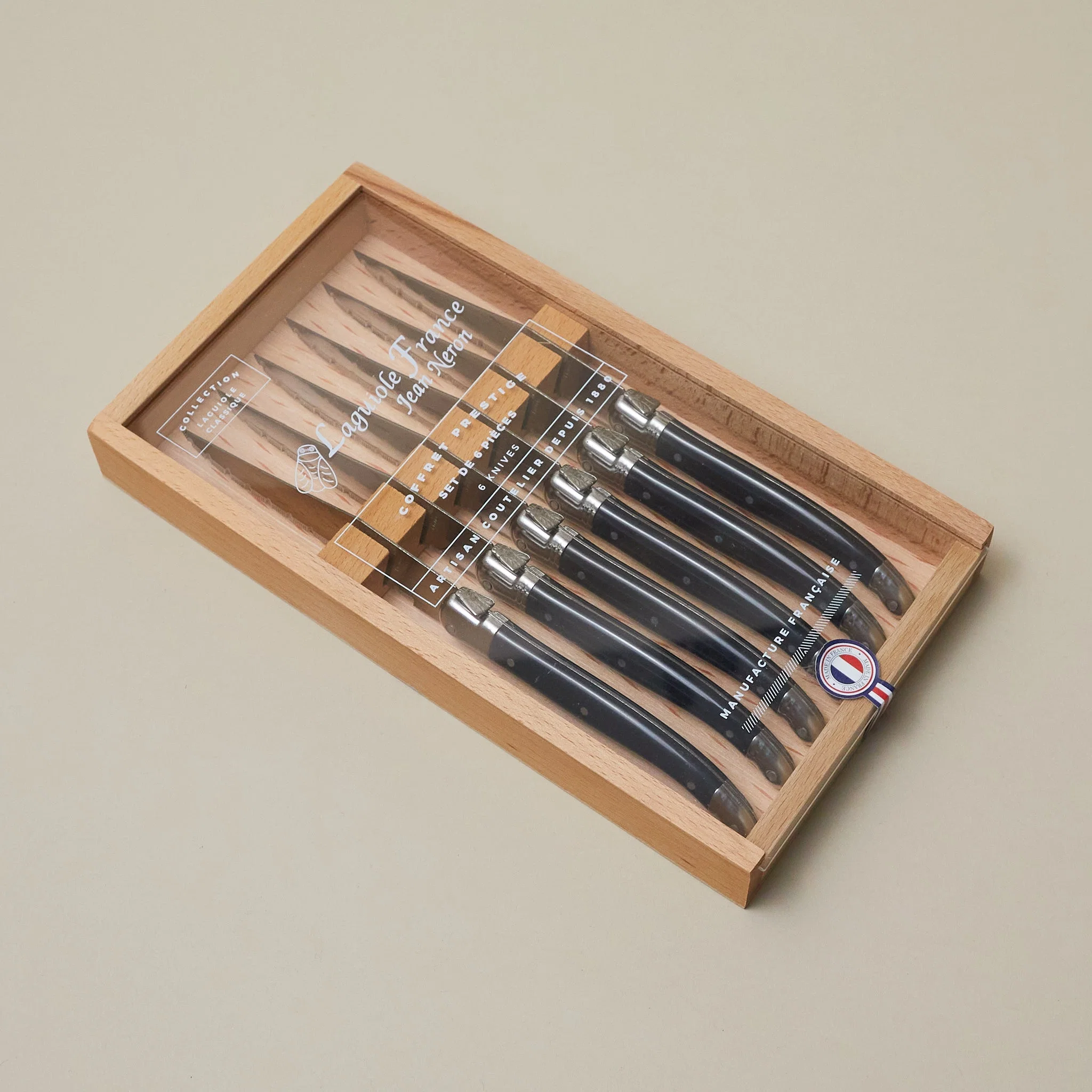 First-Class Laguiole 6 Piece Steak Knife Set Black in Wood Box with Acrylic Lid High-Performance