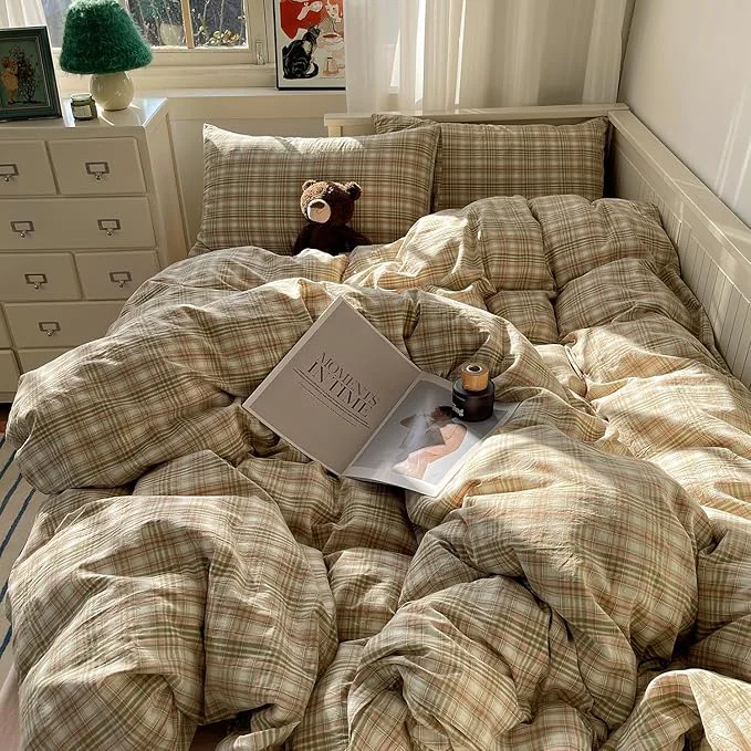 Fashionable mixinni King Comforter Set Green Buffalo Plaid Bedding Set 3-Piece Vintage Geometric Pattern Lightweight amp Fluffy Comforter Soft Breathable Grid Bed Set for All-Season Green Pink White High-Quality