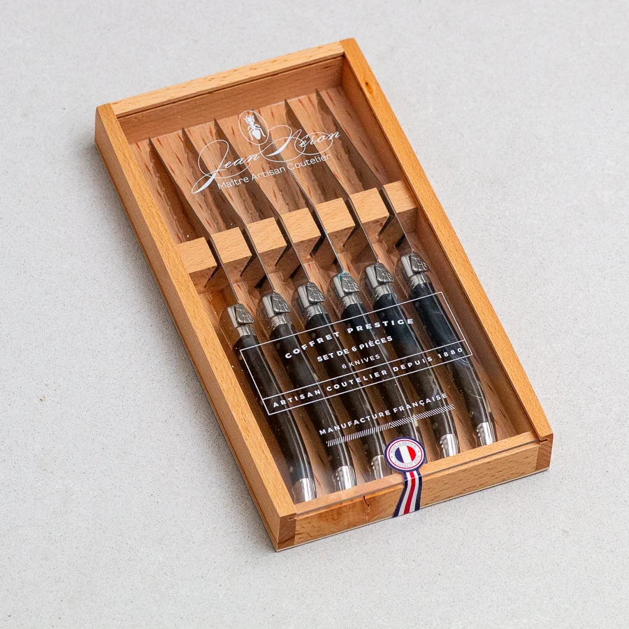 Green Laguiole 6 Piece Steak Knife Set Black Marble in Wood Box with Acrylic Lid Versatile