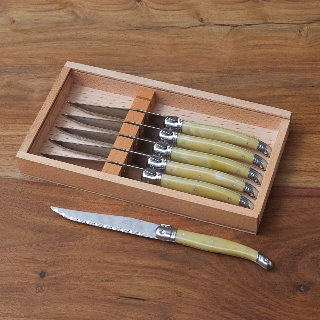 Specialty Laguiole 6 Piece Steak Knife Set Pale Horn in Wood Box with Acrylic Lid Reusable