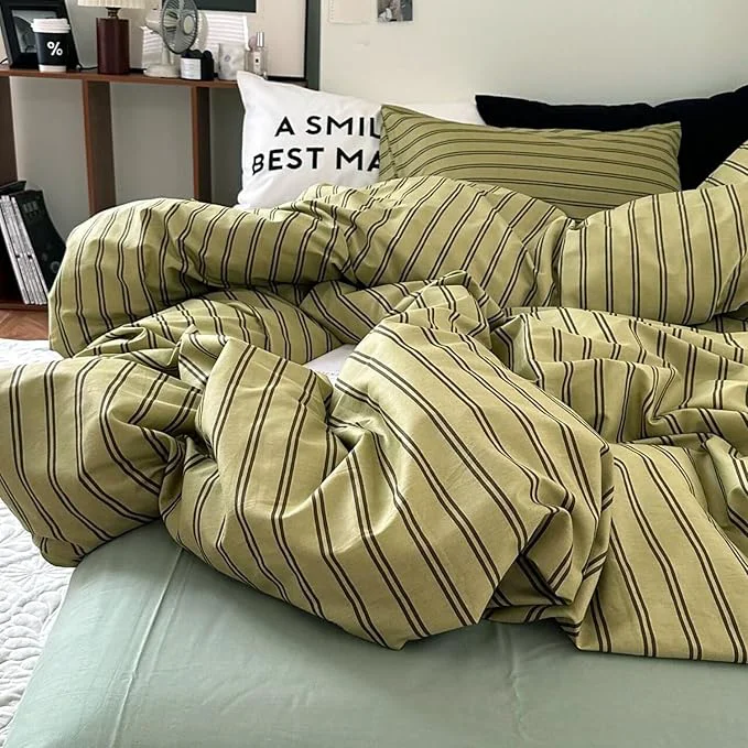 Exceptional mixinni Vintage Mid-Century Striped Comforter Set Full - 3 Pieces 1 Fluffy Comforter amp 2 Pillowcases Olive Green amp Dark Brown Retro Striped Bed Set All Season Lightweight amp Breathable-Full Size Outstanding