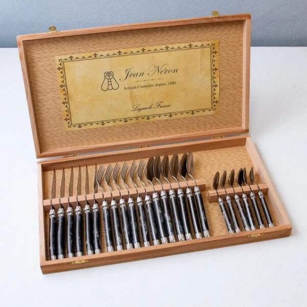 Natural Laguiole 24 Piece Flatware Set Platine Black Marble in Wood Presentation Box Elite