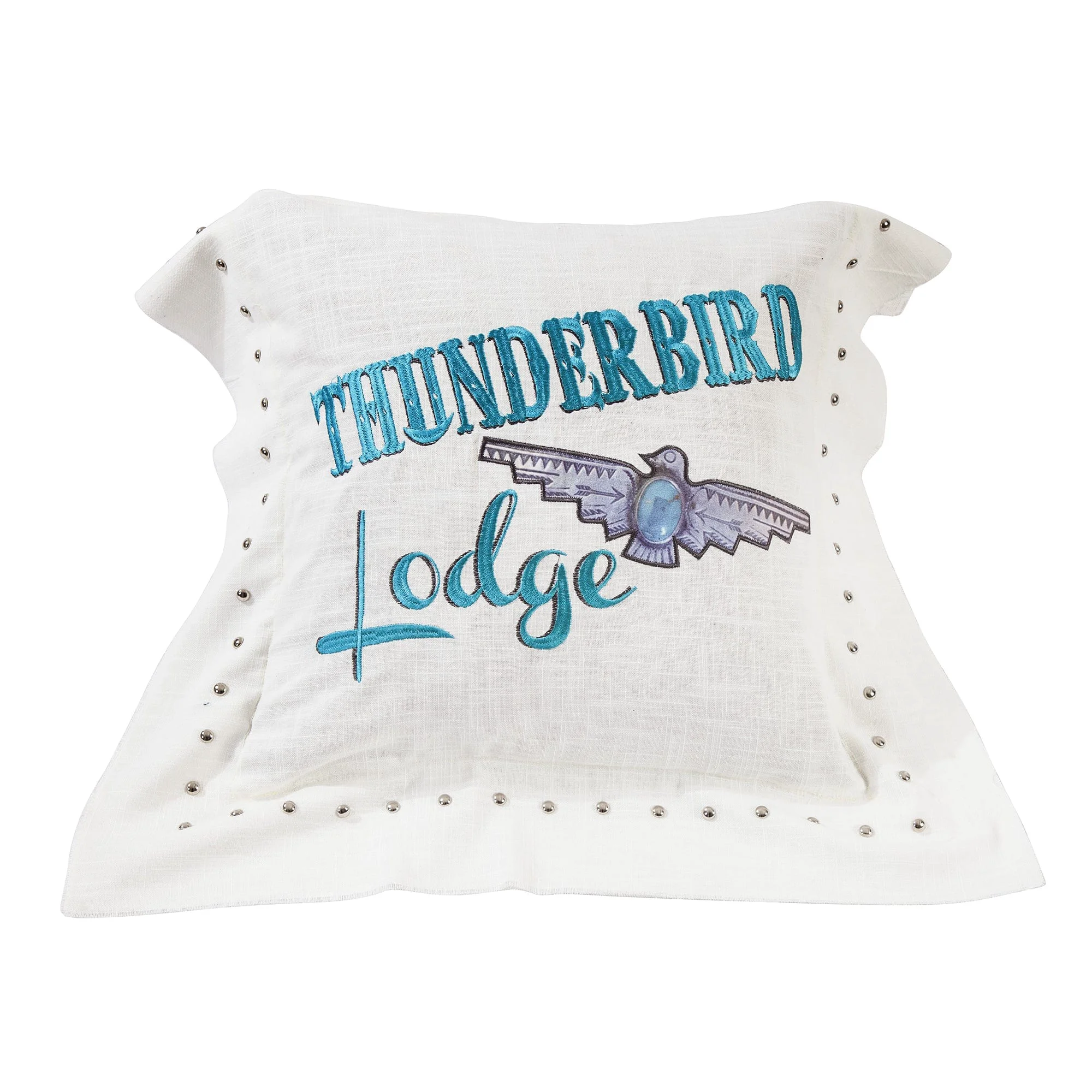Recyclable Turquoise Embroidered quot Thunderbird Lodge quot Linen Pillow Solid