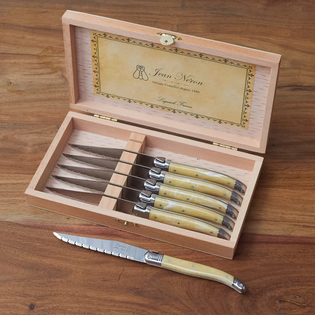 Certified Laguiole 6 Piece Steak Knife Set Platine Pale Horn in Wood Presentation Box Quality