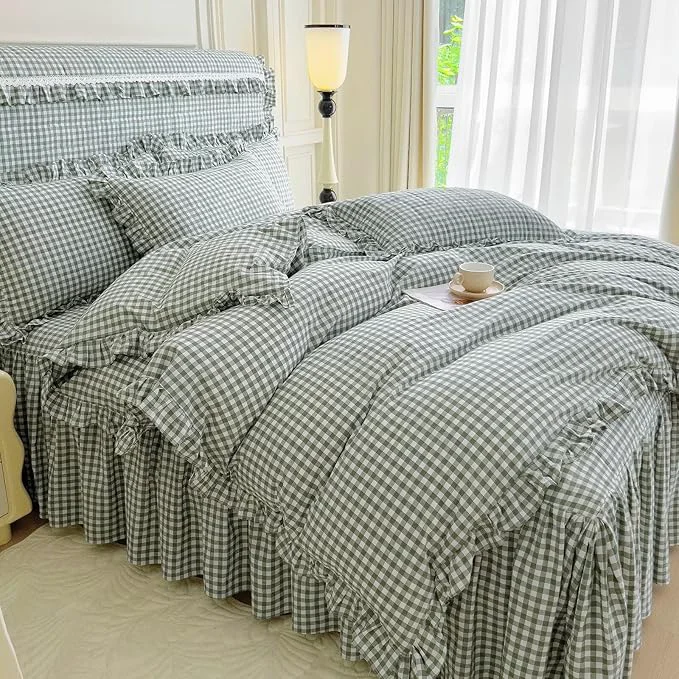 High-Quality mixinni Vintage Green Gingham Ruffle Comforter Set 3-Piece Washed Cotton Queen Size Grid Bedding Set with Geometric Checkered Pattern Farmhouse Chic Soft Fluffy Comforter for All-Season Refined