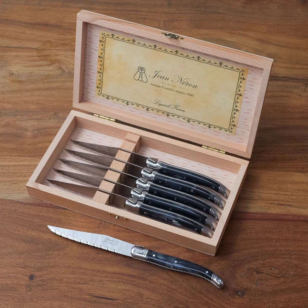 Original Laguiole 6 Piece Steak Knife Set Platine Black Marble in Wood Presentation Box Trendy