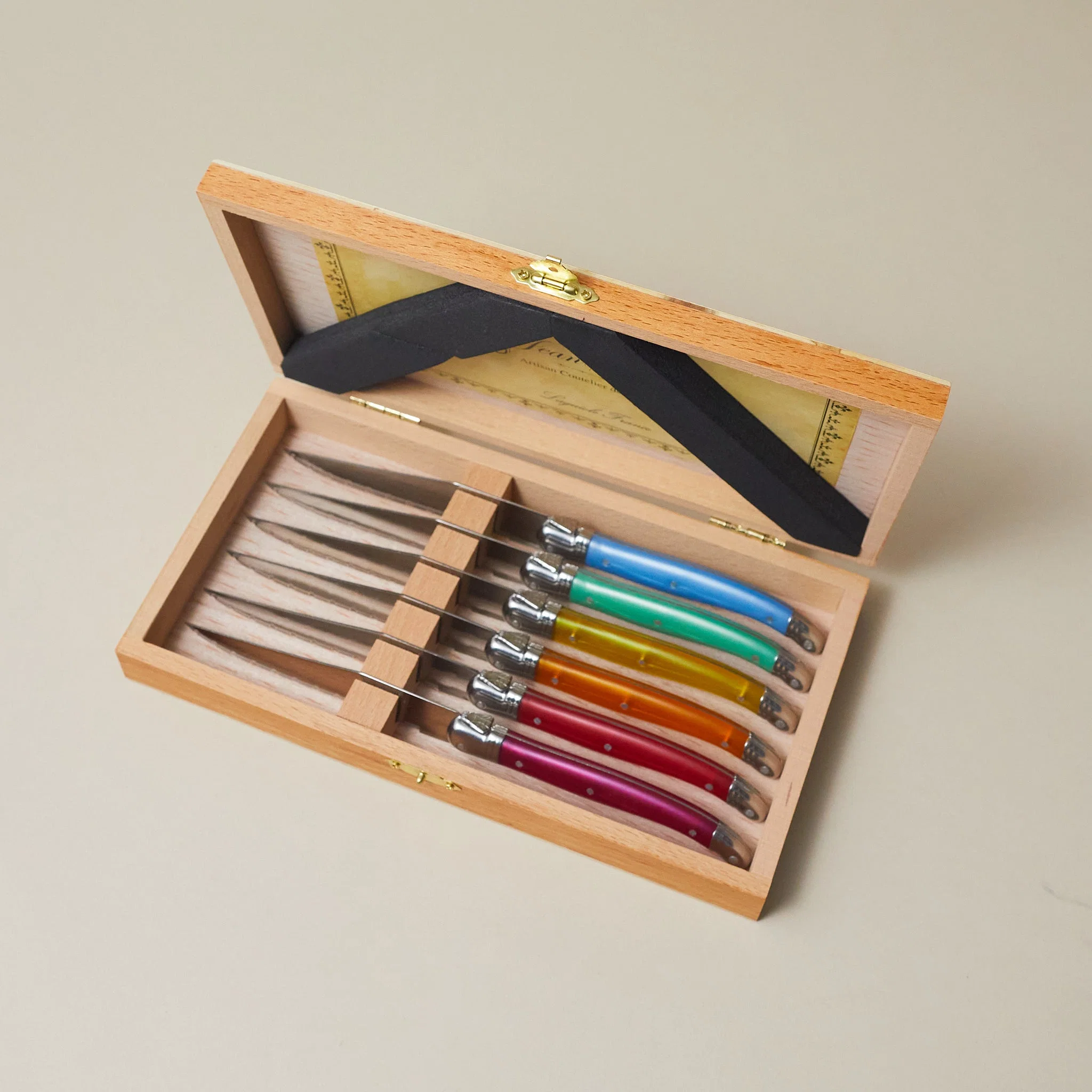 Minimalist Laguiole 6 Piece Steak Knife Set Rainbow in Wood Presentation Box Smooth