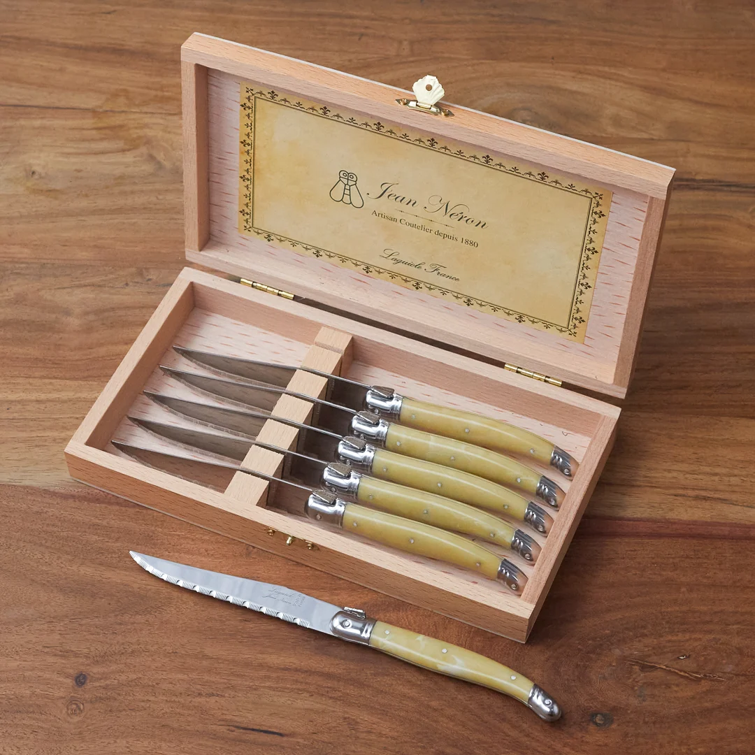 Dependable Laguiole 6 Piece Steak Knife Set Pale Horn in Wood Presentation Box Original Design
