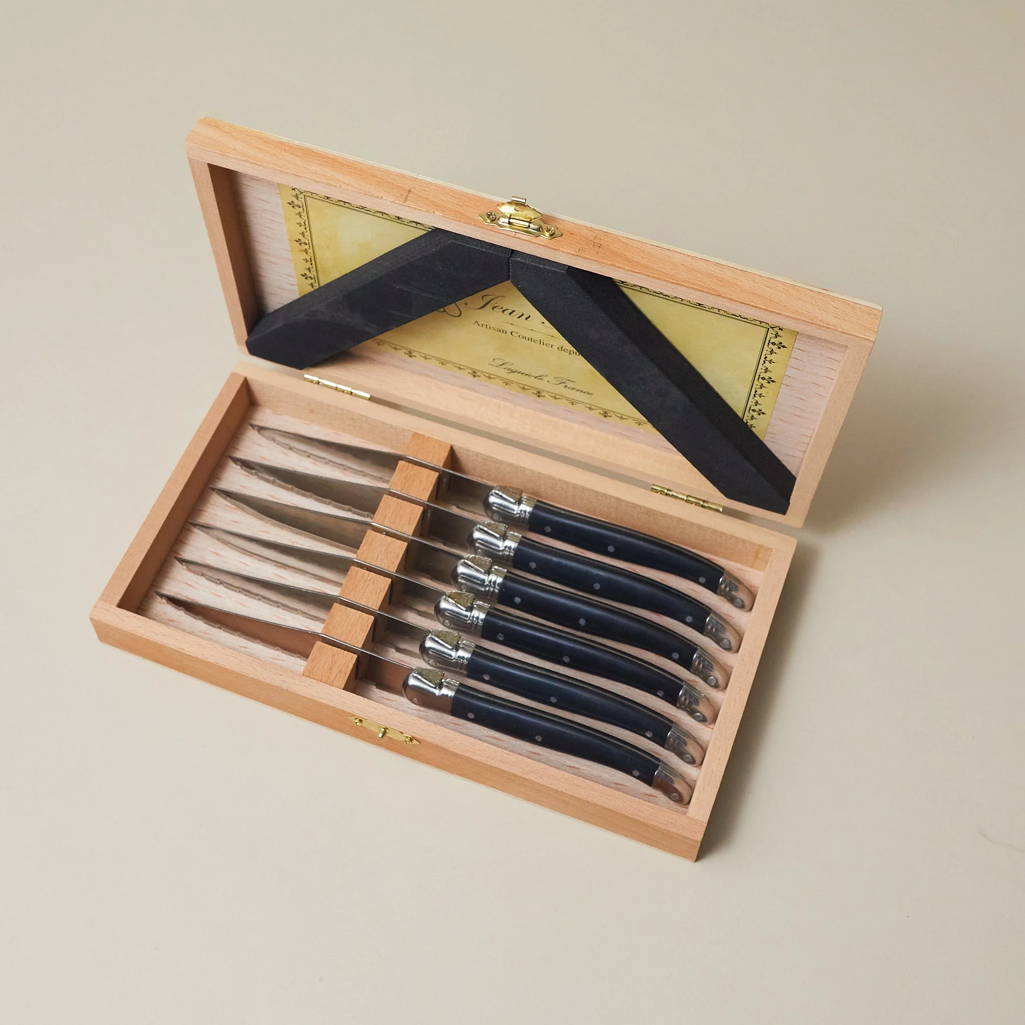 Fine Laguiole 6 Piece Steak Knife Set Black in Wood Presentation Box Advanced