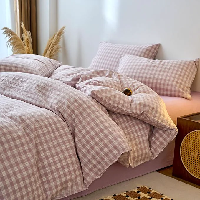 Fine EAVD Vintage Style Gingham Duvet Cover Full Purple White Soft Washed Cotton Chic Grid Checkered Bedding Set with 2 Pillowcases Farmhouse Purple Plaid Duvet Cover with Zipper Closure Optimized