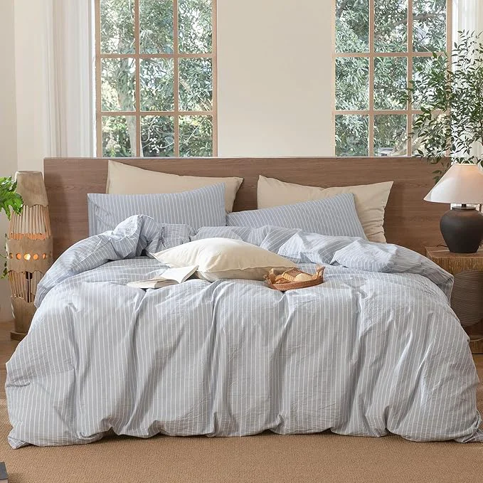 Solid MooMee Striped Duvet Cover Set Washed Cotton Linen Like Textured Breathable Durable Soft Comfy Cornflower Blue White Wide Stripes Super King 108 quot x98 quot Original Design