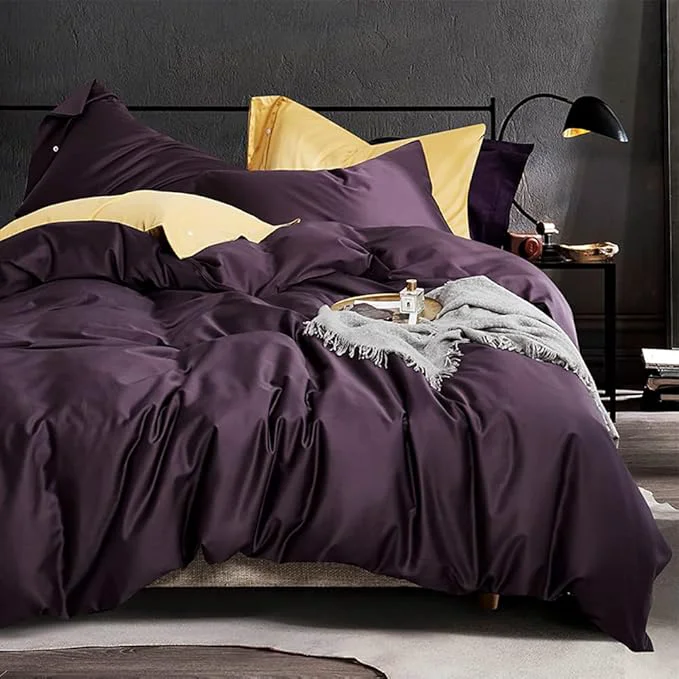 High-Grade EAVD Solid Color Dark Purple Duvet Cover Queen Soft Cotton Purple Bedding with 2 Button Pillowcases Luxury Modern Style Purple Comforter Set with Zipper Closure NO Comforter Smart