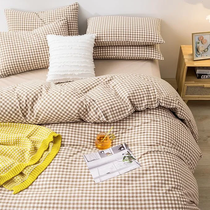 Environmentally Friendly mixinni Tan Gingham Comforter Set King Plaid Comforter Set 3 Pieces 1 Beige Grid Comfoter with 2 Pillow Cases for All Seasons Soft Fluffy Modern Grid Pattern Printed Bedding-King Size Convenient