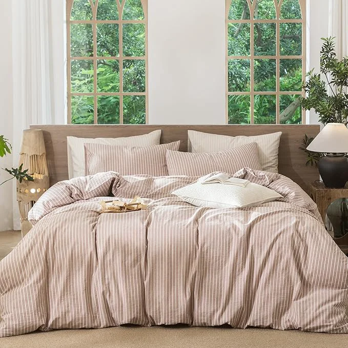 Sustainable MooMee Striped Duvet Cover Set Washed Cotton Linen Like Textured Breathable Durable Soft Comfy Orange White Wide Stripes Super Queen 90 quot x98 quot Genuine