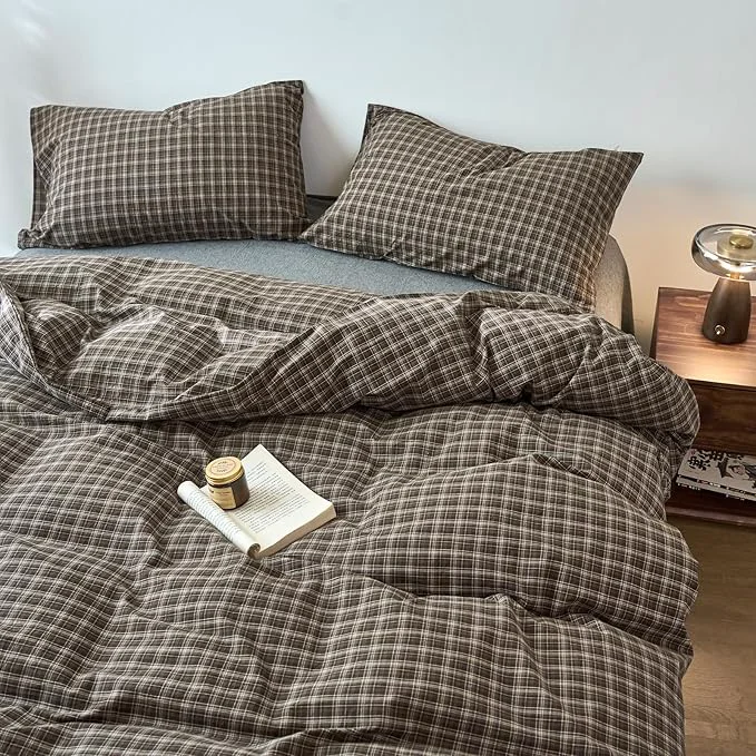 Secure EAVD Vintage Style Dark Grey Gingham Plaid Duvet Cover Twin Washed Cotton Like Linen Feel Soft 3-Piece Grid Plaid Bedding Set with 2 Pillowcases Reversible Geometric Duvet Cover with Zipper Advanced