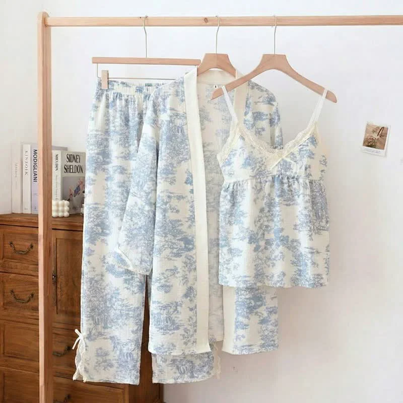 Functional Ownkoti Ink Wash Landscape Lace Trim Pajamas 3PCS Long-Lasting