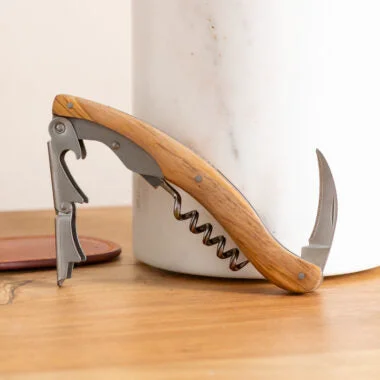 Sustainable French Dry Goods Large Olivewood Corkscrew in Leather Pouch Functional