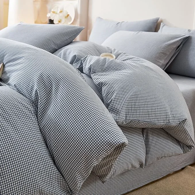 Classic EAVD Modern Style Gingham Duvet Cover Full Soft Washed Cotton Blue and White Plaid Duvet Cover Set with 2 Pillowcases Reversible Farmhouse Geometric Checkered Bedding Set with Zipper Comfortable