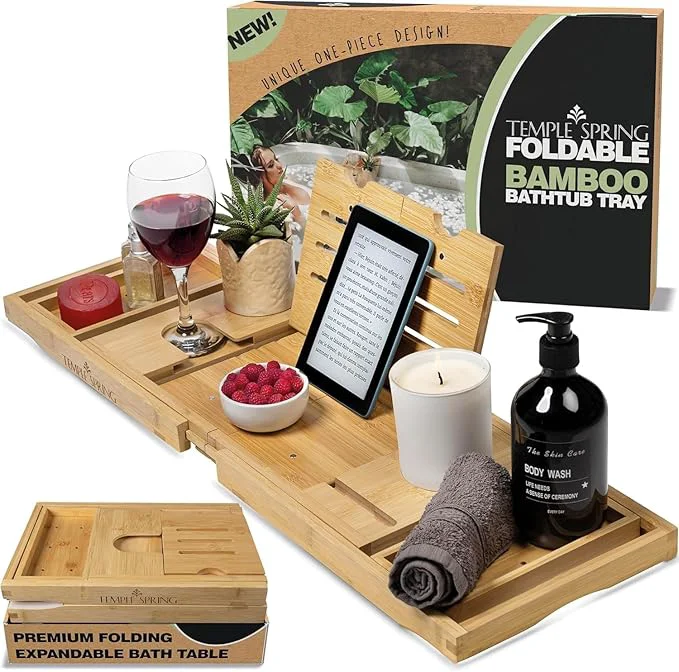 Innovative Temple Spring Foldable Bamboo Bathtub Tray Caddy Proven