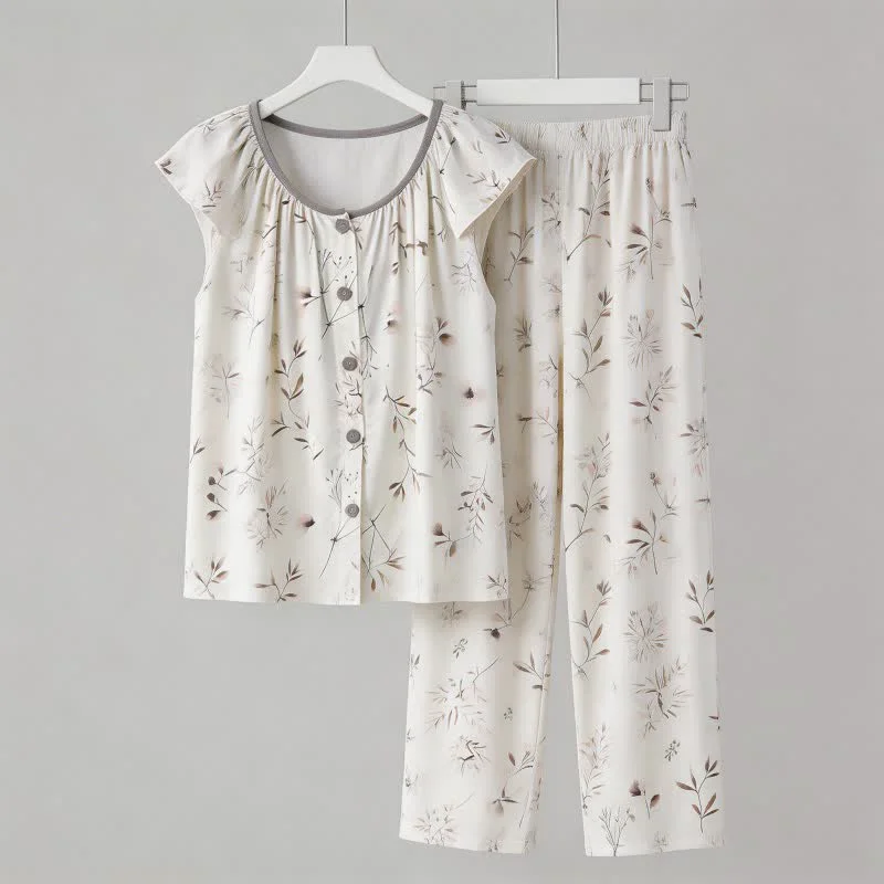 Certified Ownkoti Elegant Branch Button Front Loungewear Set Selected