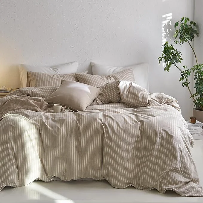 Proven MooMee Striped Duvet Cover Set Washed Cotton Linen Like Textured Breathable Durable Soft Comfy Tannish Linen Grey White Wide Stripes Queen 90 quot x90 quot High-Performance