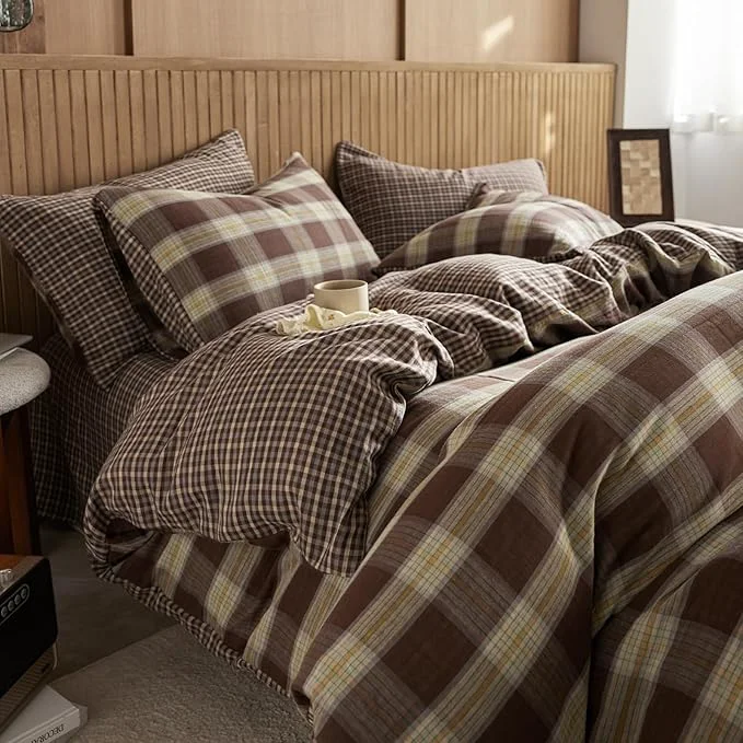 Elite EAVD Vintage Yellow amp Brown Plaid Duvet Cover King Soft Muslin Cotton Retro Grid Checkered Plaid Bedding Set with 2 Pillowcases Farmhouse Reversible Gingham Duvet Cover with Zipper Closure Easy-to-Use