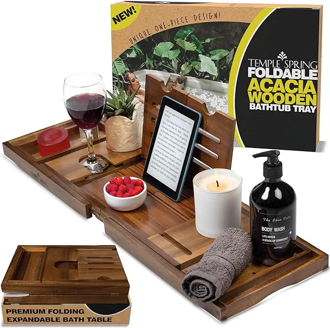 Crafted Temple Spring Foldable Bathtub Tray Unique Design Selfcare Bathroom Caddy Healthy