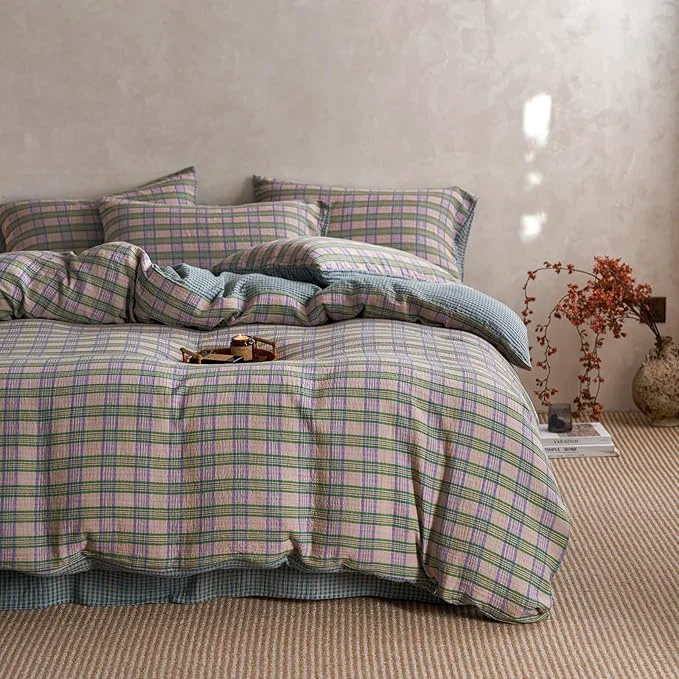 Quality EAVD Vintage Style Pastel Pink Plaid Duvet Cover Set Twin Soft Cotton Muslin Retro Green amp Purple Grid Plaid Bedding Set with 2 Pillowcases Aesthetic Gingham Duvet Cover with Zipper Closure Smooth
