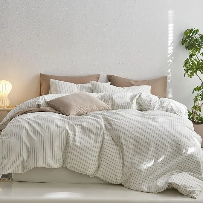 Clean MooMee Striped Duvet Cover Set Washed Cotton Linen Like Textured Breathable Durable Soft Comfy White Sage Green Wide Stripes Cal King 104 quot x98 quot Secure