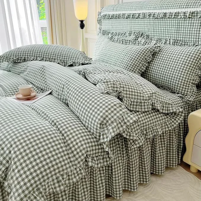 Professional LifeTB Queen Comforter Set Green Gingham Comforter Vintage Ruffle Checkered Pattern Comforter Set Chic Grid Plaid Bedding Comforter Lightweight Fluffy Soft Gingham Bedding Set Queen Breathable Long-Lasting